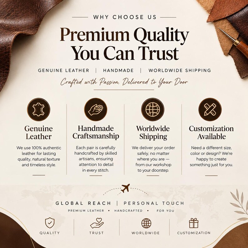 May include: An informational graphic featuring the text Premium Quality You Can Trust, Genuine Leather, Handmade Craftsmanship, Worldwide Shipping, and Customization Available. The design includes icons for leather, hands, a globe, and pencils.