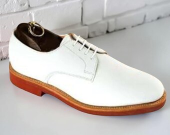 Handmade White Leather Derby Shoes Men’s Wedding Dress Shoes