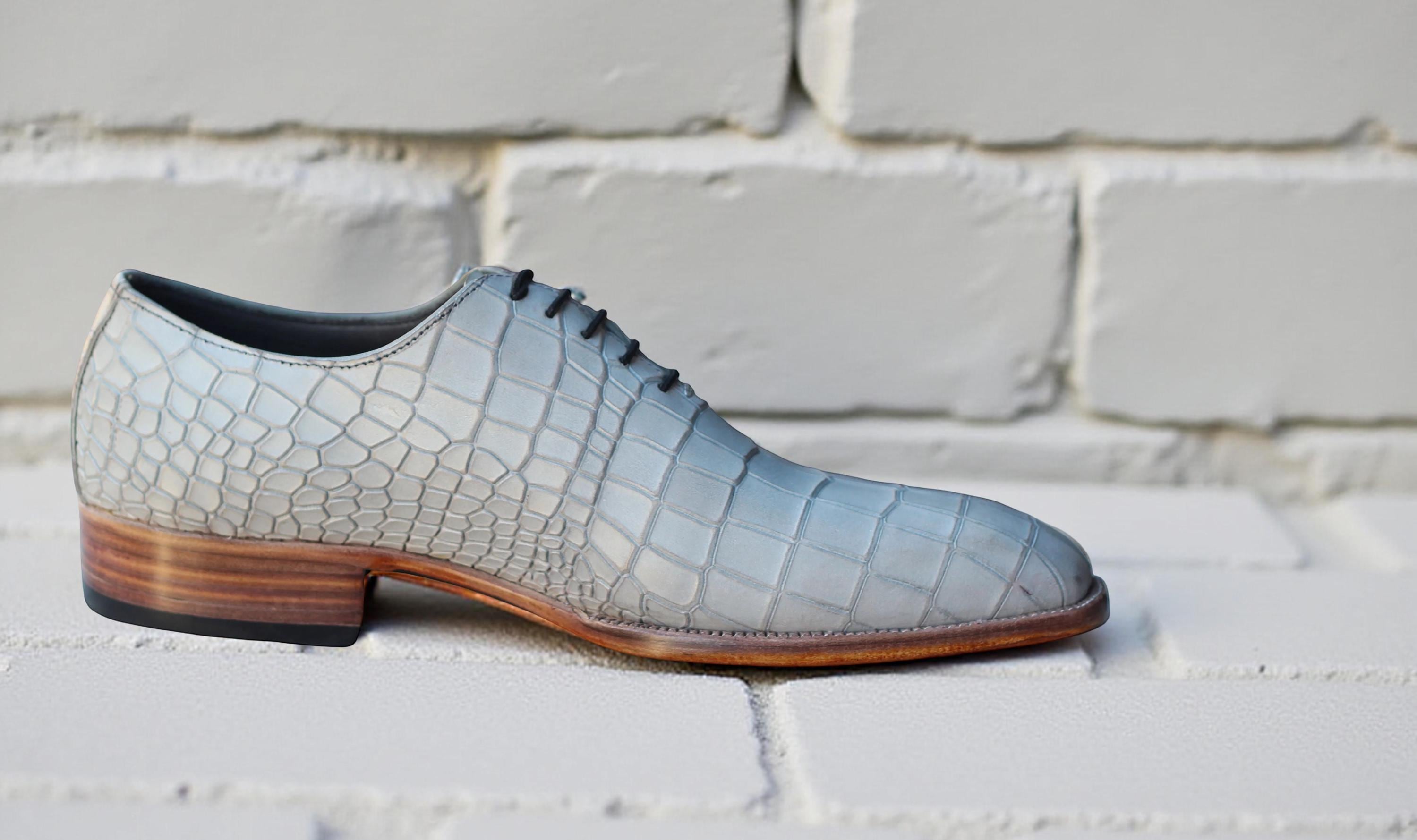 Handmade Grey Crocodile Embossed Leather Oxford Shoes | Men's Formal Dress Shoes Handmade Grey Crocodile Embossed Leather Oxford Shoes | Men's Formal Dress Shoes