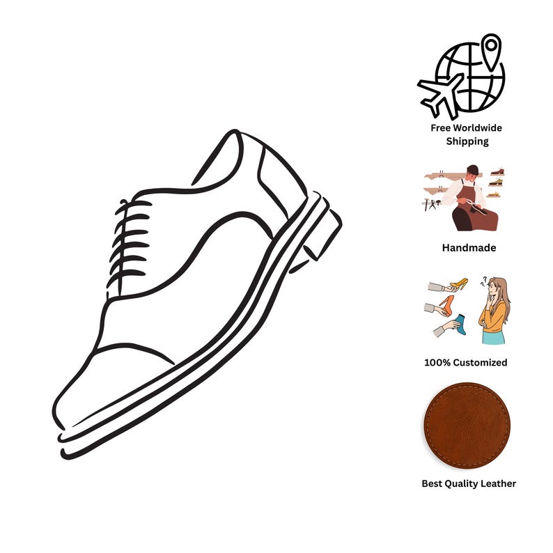 May include: A black and white line drawing of a classic oxford shoe with laces and a cap toe. To the right, there are four icons: a globe with a plane, a person crafting a shoe, a person choosing between shoe styles, and a solid brown circle.