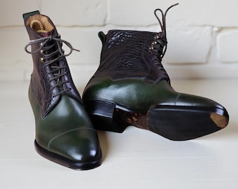 Botines de piel hechos a mano, botas de vestir verdes y negras para hombre