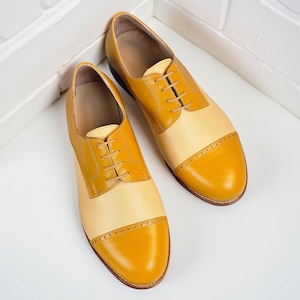 Women’s Mustard & Beige Leather Derby Shoes | Handmade Cap-Toe Brogue Oxfords | Elegant Formal Footwear
