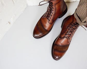 Men’s Brown Leather Ankle Boots Handmade Cap Toe Brogue Dress Boots, Vintage Style Footwear