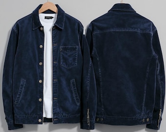 Chaqueta informal de ante azul marino para hombre, hecha a mano, estilo clásico con botones.