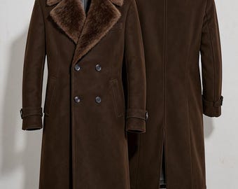 Men's Brown Suede Fur Collar Overcoat Handmade Winter Long Coat