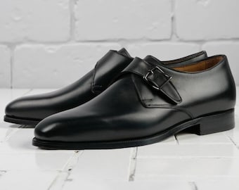 Men's Handmade Black Leather Monk Strap Dress Shoes
