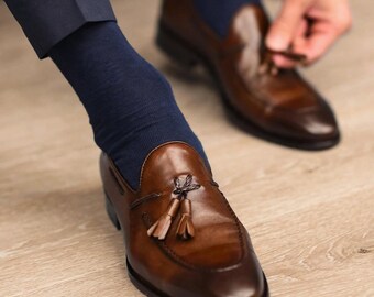 Men’s 100% Genuine Leather Brown Tassel Loafers Handmade Slip On Dress Shoes Formal Wedding