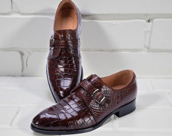 Herren Handgefertigte Krokodilmuster Leder Single Monk Strap Dress Schuhe