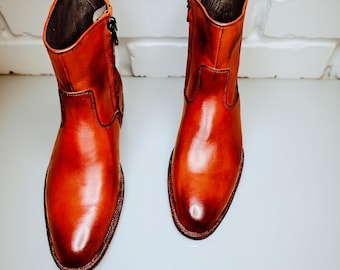 Handmade Tan Leather Ankle Boots Men’s Zipper Dress Boots Classic Casual Style