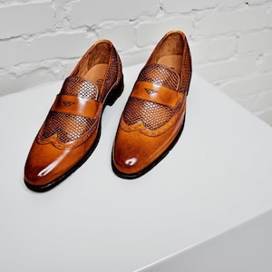 Men's Handmade Two Tone Penny Loafers Designer Leather Slip-On Shoes Classic Formal and Casual Dress Shoes by PureStitchLeather