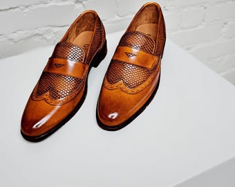 Handmade Two-Tone Leather Penny Loafers: Classic Men's Dress Shoes
