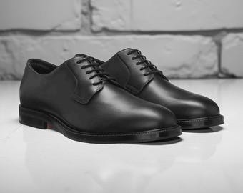 Handmade Black Leather Derby Shoes: Classic Men's Dress Shoes