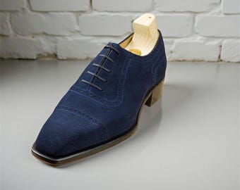 Handmade Navy Suede Oxford Shoes: Men display picture 3