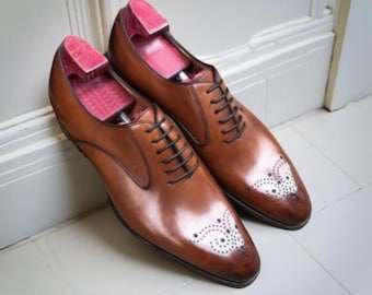 Handmade Brown Leather Oxford Shoes for Men Classic Formal Dress Shoes