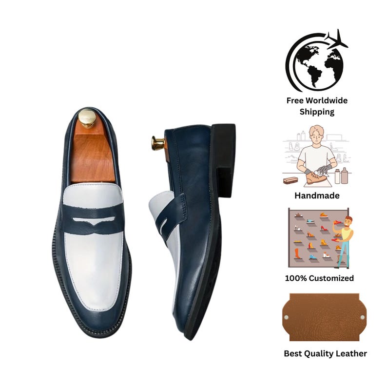 May include: Navy and white leather loafers with a classic design. The shoes have a white vamp and a navy body. The shoes are displayed with wooden shoe trees. The image also includes icons for worldwide shipping, handmade, and best quality leather.