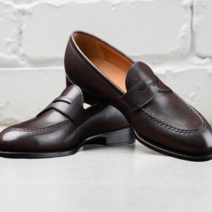 Men’s Handmade Dark Brown Penny Loafers Classic Leather Slip-On Dress Shoes Formal And Casual Office Wear by PureStitchLeather Shoes