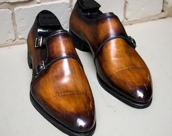 Handgemachte Braune Leder Doppel Monk Strap Schuhe: Formelle Flügelspitze Lederschuhe