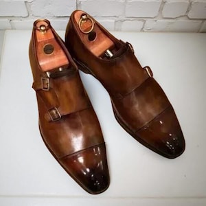 Handmade Brown Leather Double Monk Strap Shoes: Formal Wingtip Brogues