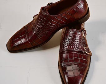 Herren handgefertigte Krokodilmuster Leder Doppel Monk Strap Dress Schuhe