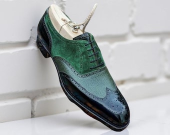Handmade Green Suede Wingtip Brogue Shoes: Leather Oxford Dress Shoes