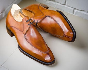 Handmade Tan Brown Derby Shoes for Men Genuine Leather Dress Shoes