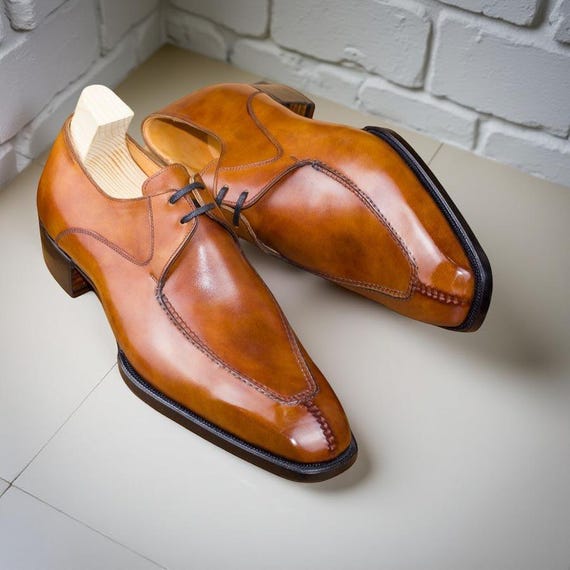 Handmade Tan Brown Derby Shoes for Men Genuine Leather Dress Shoes