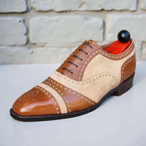 Handmade Two-Tone Brown Leather Oxford Shoes: Cap Toe Brogues