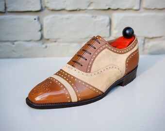 Scarpe Oxford bicolore in pelle marrone fatte a mano: brogue con punta