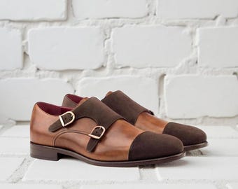 Men's Handmade Brown Leather And Suede Double Monk Strap Shoes