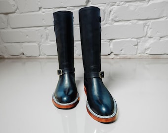 Men's Handmade Black Leather Engineer Boots: Vintage Motorcycle Biker Style