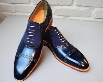 Handmade Blue Leather Oxford Shoes: Men display picture 2