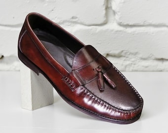 Uniseks donkerbruine loafers met kwastjes handgemaakte leren instappers