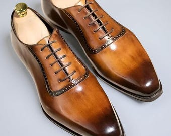 Zapatos de vestir Oxford de piel de corte entero hechos a mano: marrón clásico