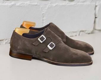 Handmade Suede Leather Double Monk Strap Shoes: Formal Genuine Leather Footwear