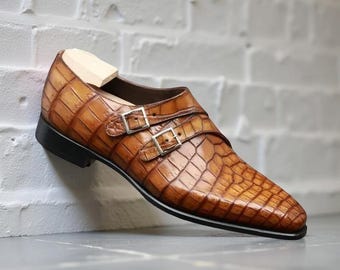 Men’s Handmade Crocodile Pattern Leather Double Monk Strap Dress Shoes