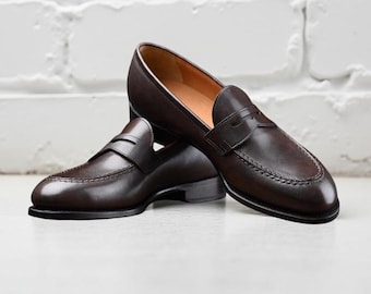 Handmade Dark Brown Leather Penny Loafers: Men's Classic Slip-On Dress Shoes