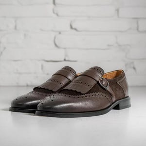 Handmade Brown Leather Monk Strap Loafers: Kiltie Brogue Dress Shoes