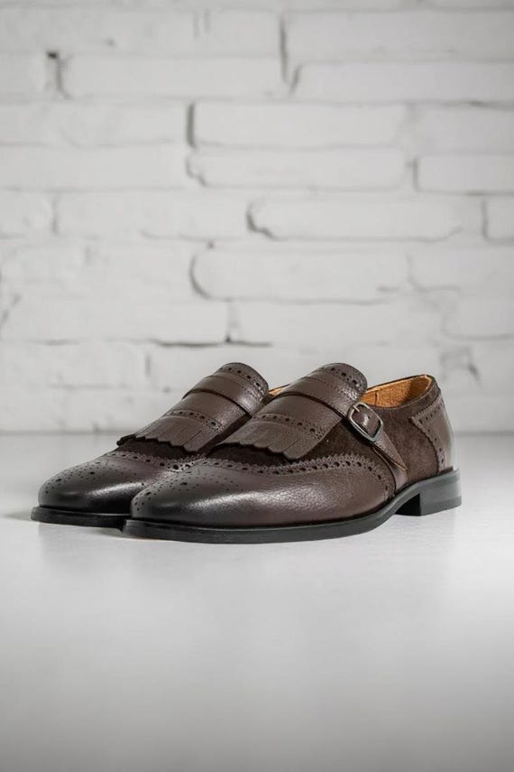 Handmade Brown Leather Monk Strap Loafers: Kiltie Brogue  display picture 2