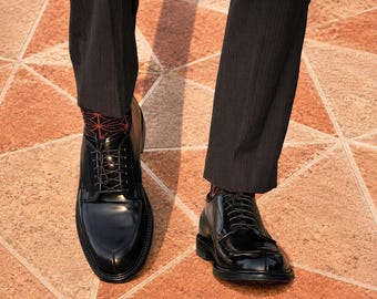 Men's Genuine Leather Derby  Handmade Black Apron Toe Formal Dress Shoes Wedding Office Footwear