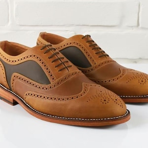 Handgemachte tan Leder Flügelspitze Brogue Oxford Schuhe: Herren formelle Kleidung Schuhe