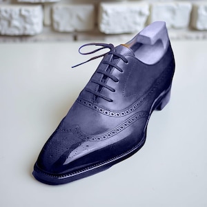Men's Handmade Navy Blue Leather Oxford Wingtip Brogue Shoes