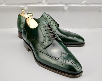 Handgemaakte groene Oxford Wingtip brogue-leren herenschoenen