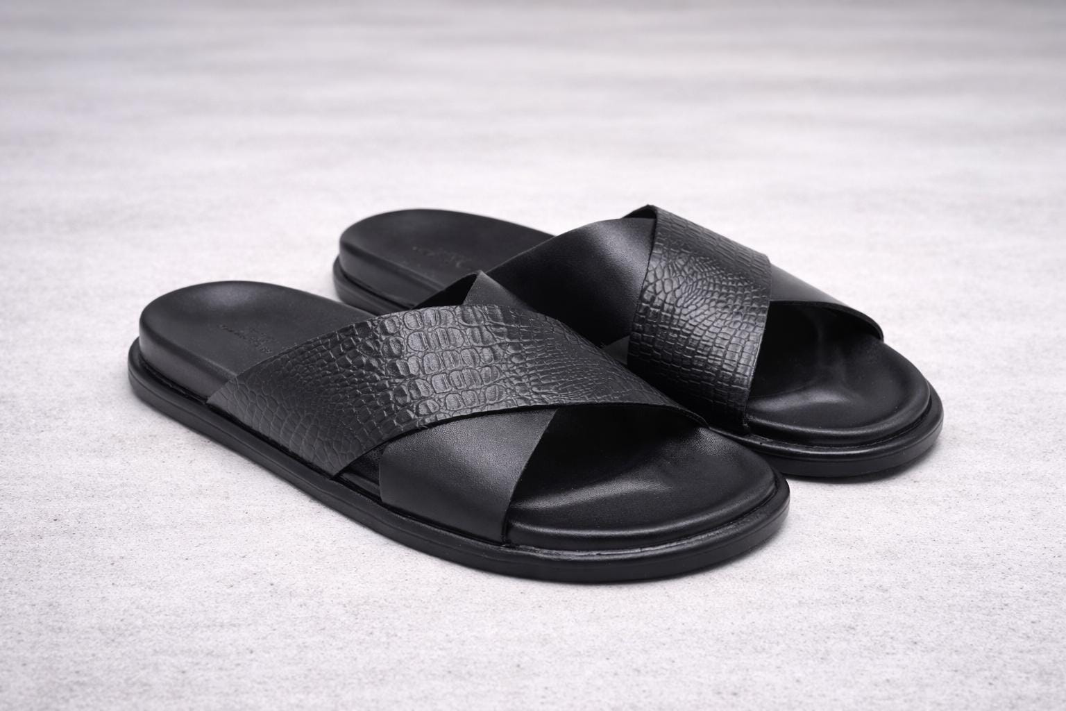 Black Leather Slide Sandals with Embossed Cross Detail Prada Leather Crisscross Slide Sandals with Buckle | Neiman  main image 4