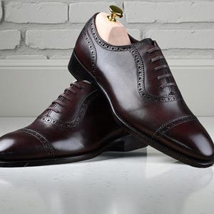Handmade Dark Brown Leather Oxford Brogue Shoes: Cap Toe Dress Shoes