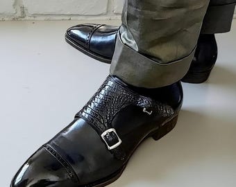 Black Double Monk Strap Leather Shoes Handmade Men’s Formal Dress Footwear