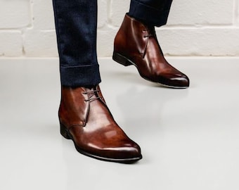Handmade Tan Leather Wingtip Chukka Boots Men Dress Shoes - Etsy display picture 3