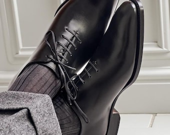 Handmade Black Leather Oxford Shoes Men's Formal Dress Footwear