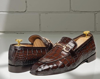 Handmade Crocodile Embossed Leather Loafers: Men's Formal Dress Shoes