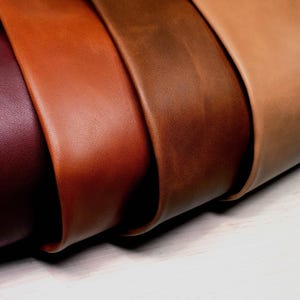 May include: Four distinct sheets of smooth leather arranged in a gradient of colors, starting with a deep burgundy on the left, followed by a vibrant orange-brown, a rich chocolate brown, and ending with a light tan shade on the far right side.