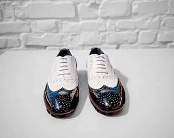 Handmade Leather Wingtip Oxford Brogue Shoes: Two-Tone Dress Shoes